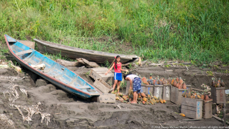 Two people stand beside wooden canoes and containers of produce arranged on a steep muddy riverbank.