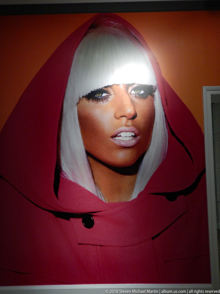 Close portrait of a woman with a blunt white bob and dramatic makeup inside a voluminous magenta hood.