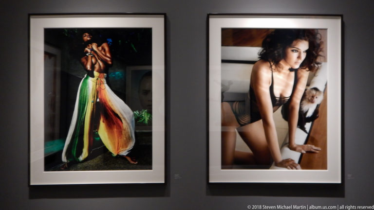 Two vertical fashion photographs, one of a woman in a flowing multicolored dress and one of a woman in black lingerie.