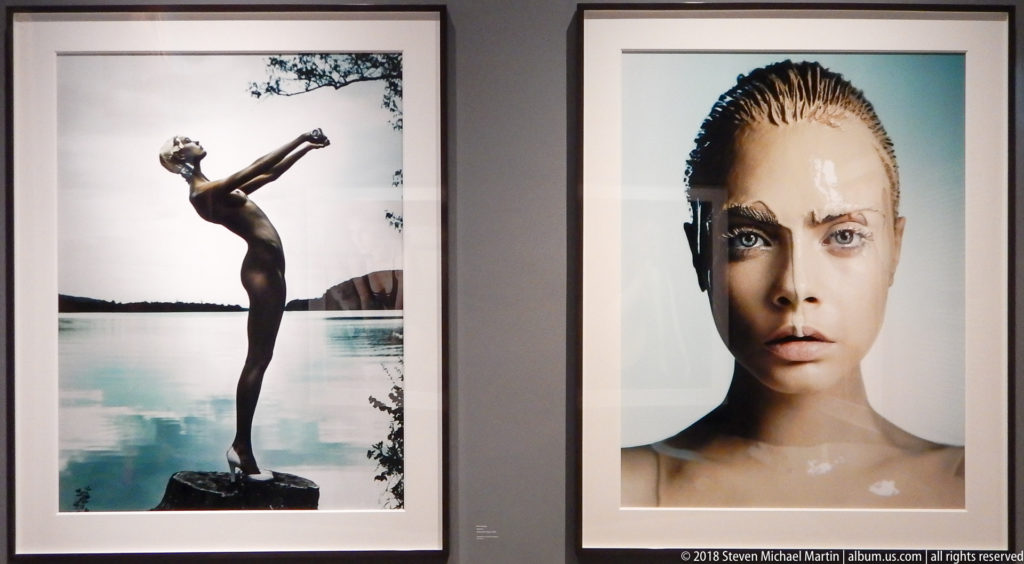 Two framed fashion photographs: a silhouetted figure beside water at left and a close frontal beauty portrait at right.