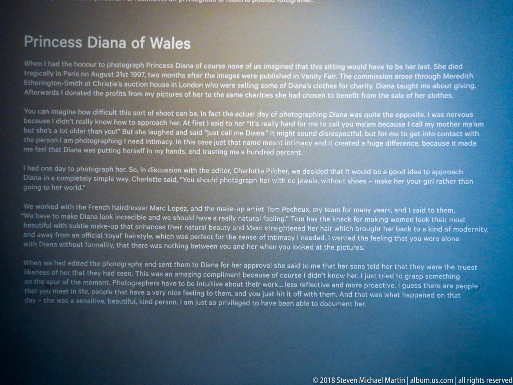 Blue museum wall panel with introductory text about Mario Testino’s portrait session with Diana, Princess of Wales.
