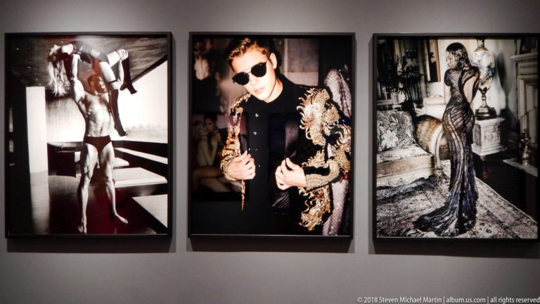 Three vertical fashion photographs: two monochrome body studies flank a man in sunglasses and an ornate dark jacket.
