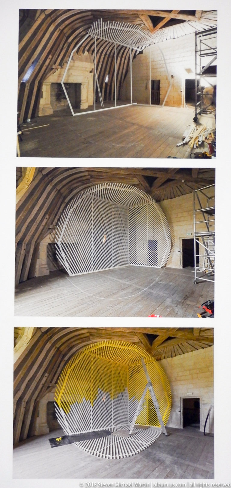 Three stacked views of a radiating elliptical line sculpture, including white and yellow illuminated states.