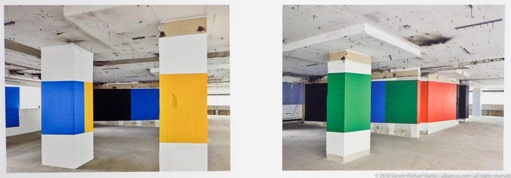Paired views of square columns painted with bold blue, yellow, green, red, black, and white blocks.