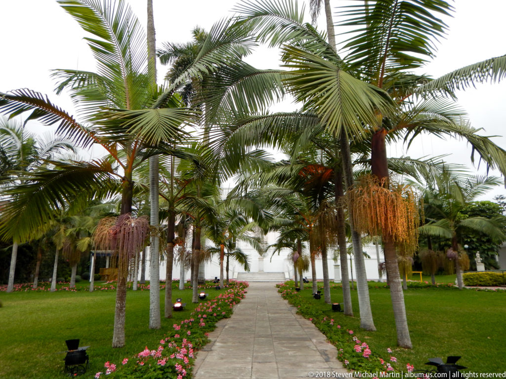 Straight paved garden walk lined with palms, pink flowers, and lawns, leading toward a pale structure.