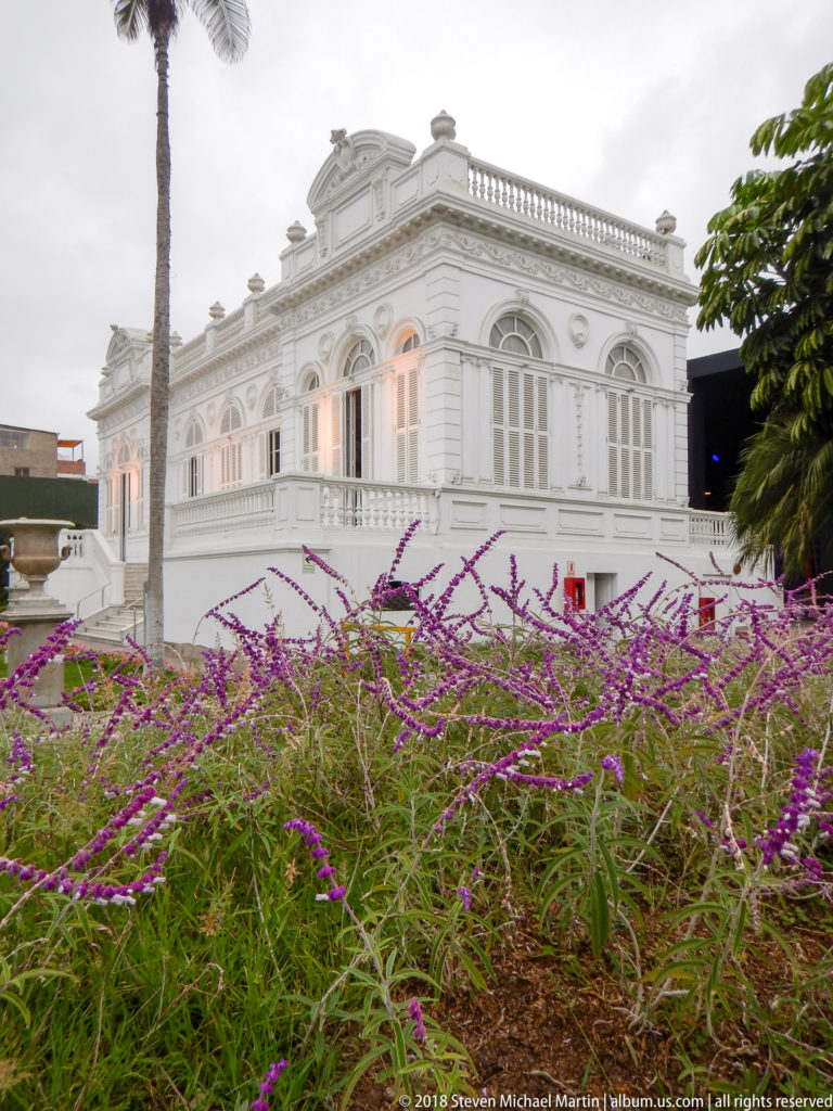 Long white museum façade behind purple flowering plants, with arched windows, balustrades, pilasters, and warm interior lights.