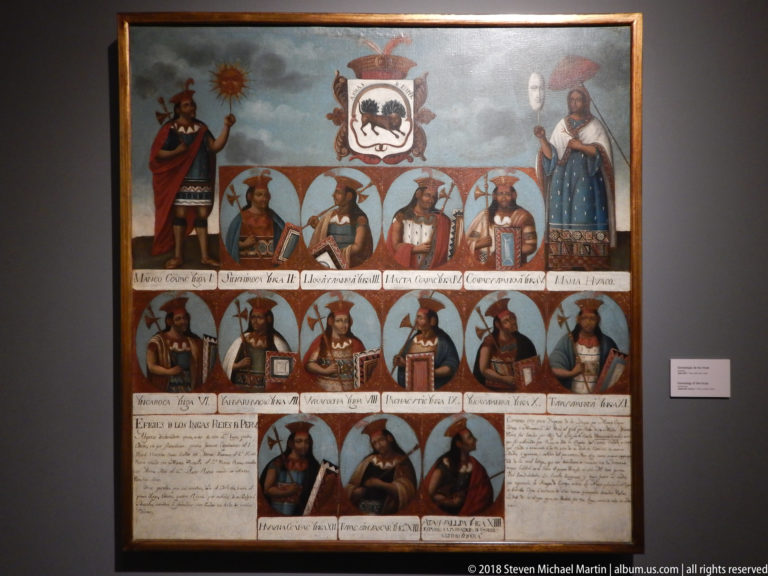 Framed colonial genealogy painting with heraldic crest, rows of labeled male portraits, and a long inscription below.