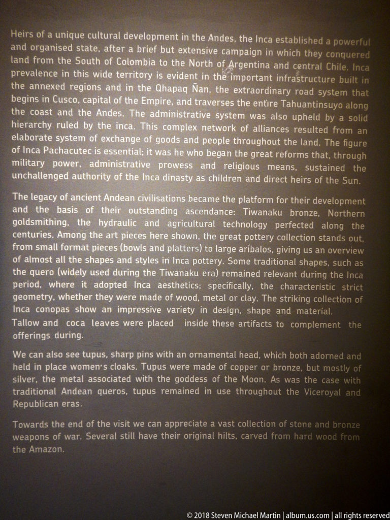 Dark museum text panel with paragraphs discussing Inca expansion, Andean civilizations, metalwork, ceramics, textiles, and ceremonial objects.