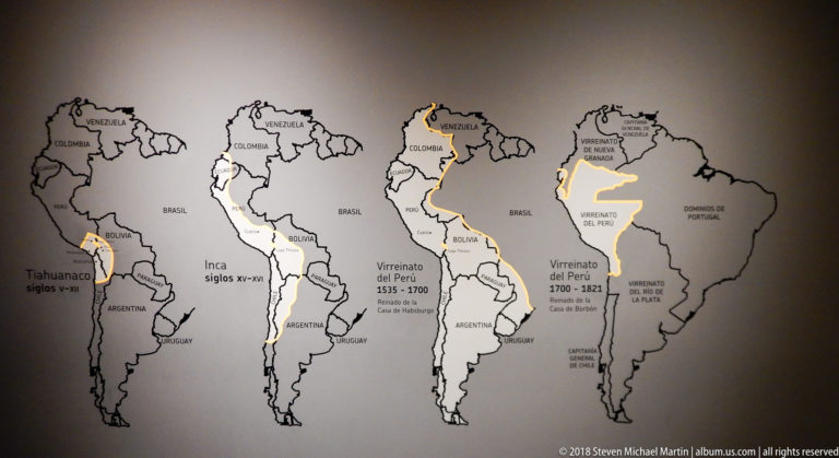 Four labeled maps of South America showing highlighted territories from Tiwanaku and Inca periods through the Viceroyalty of Peru.