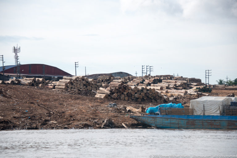 Stacks of cut timber on the riverbank behind a low blue barge or workboat near Iquitos.