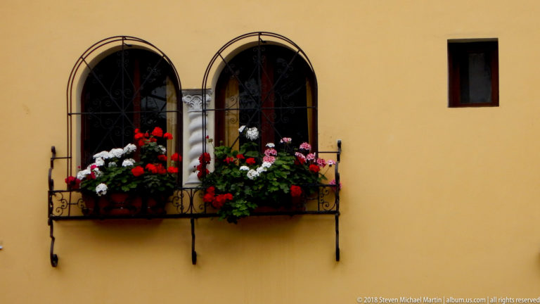 Two arched windows with black iron grilles and a flower box filled with red, white, and pink blooms on yellow wall.