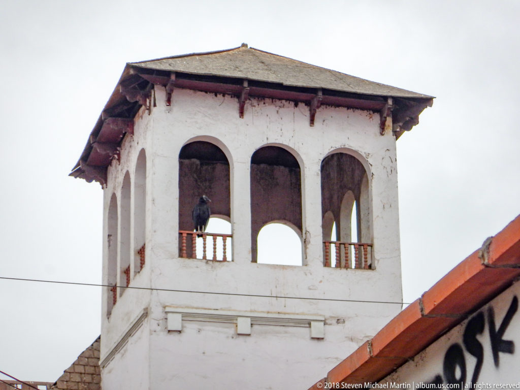 White upper tower with tall rounded arches, balustrade, tiled roof, and exposed dark timber eaves.