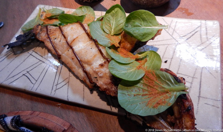 Close view of a grilled entrée topped with leafy greens and reddish seasoning on a patterned ceramic plate.