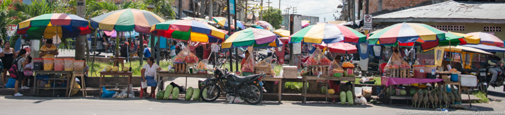 Row of roadside produce stalls beneath multicolored umbrellas, with pineapples, long green produce, tables, and motorcycles.