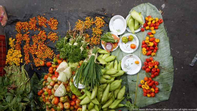 Mixed vegetables, herbs, peppers, and bowls are arranged in groups on broad green leaves at floor level.