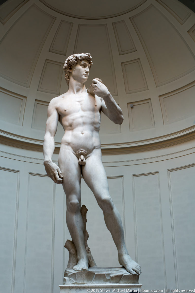 Full-length three-quarter view of Michelangelo’s David centered against pale Tribune panels with the sling hand raised to his shoulder.