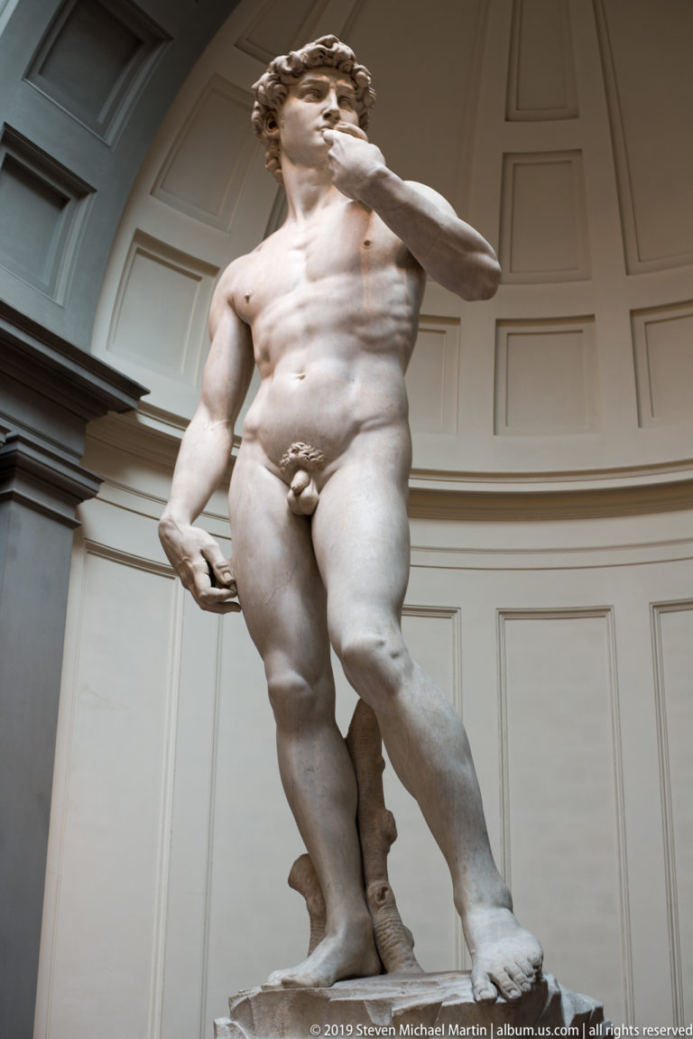 Strong low-angle view of Michelangelo’s David against the Tribune, with turned head, raised left hand, and enlarged foreground legs.