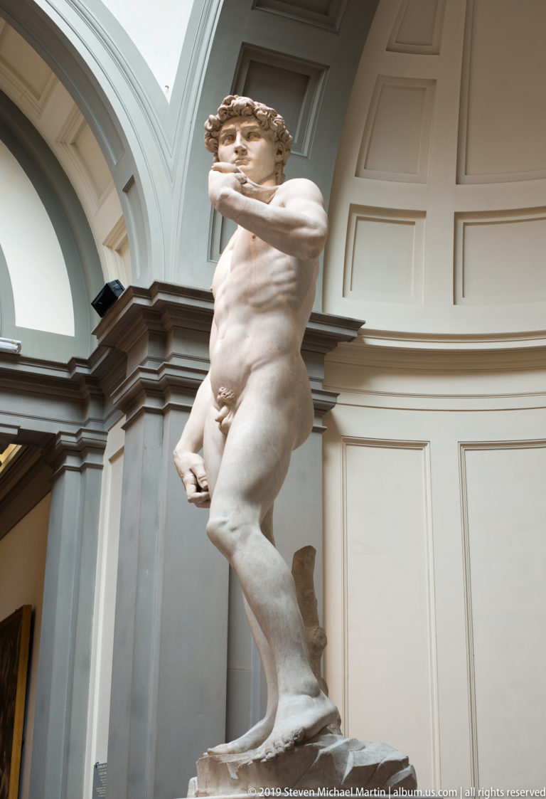 Low left-side view of Michelangelo’s David with raised forearm near the face, framed by an arch and gray pilaster.