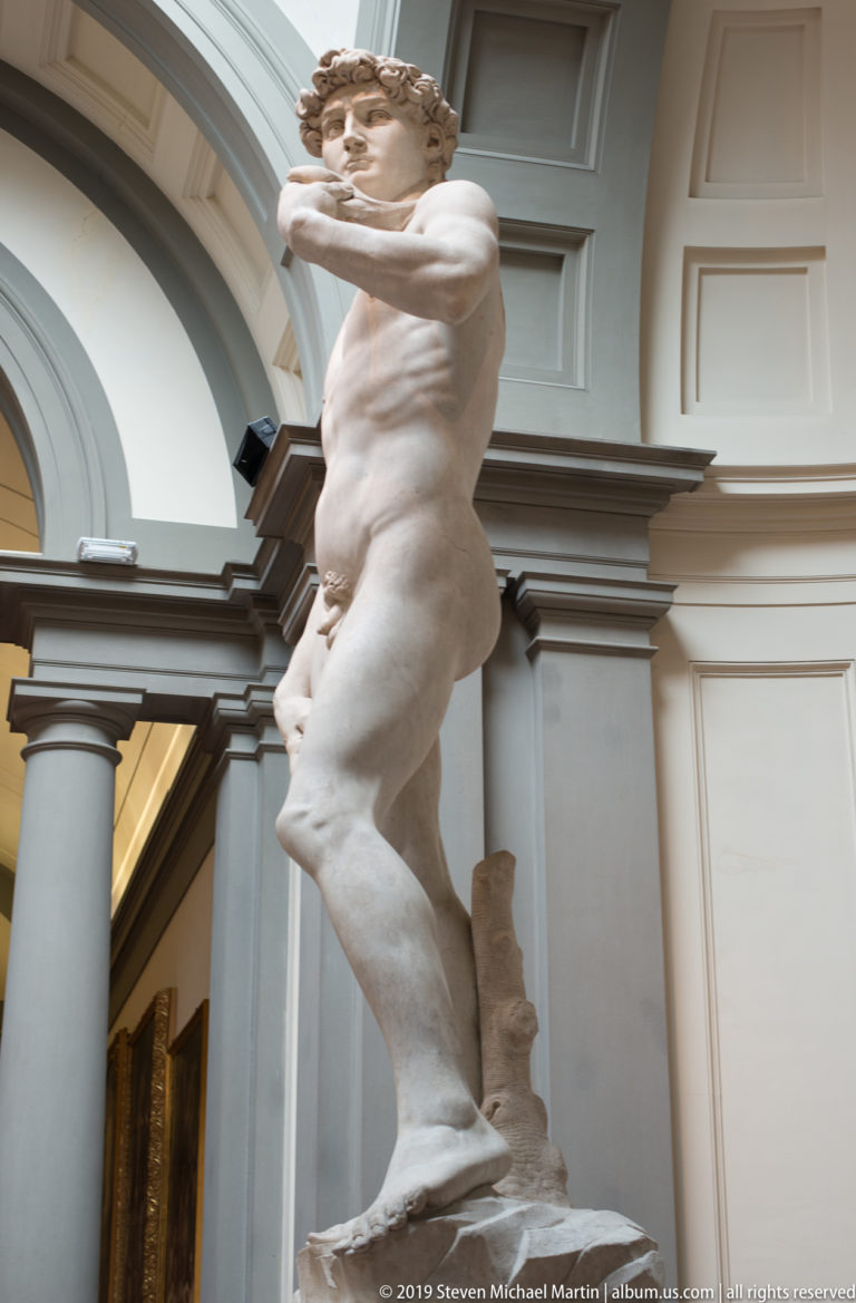 Left-side view of Michelangelo’s David beside a gray column and arch, with one arm raised across the upper body.
