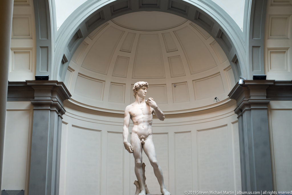 Wide view of Michelangelo’s David centered beneath the coffered half-dome and gray piers of the Accademia Tribune.