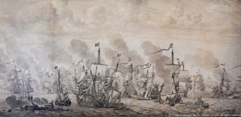 Monochrome marine battle scene with many sailing ships, flags, smoke, crowded masts, and small boats on rough water.