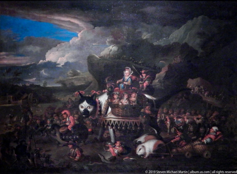 Dark historical painting portrays soldiers and horses fighting amid smoke and mountainous terrain beneath storm clouds.