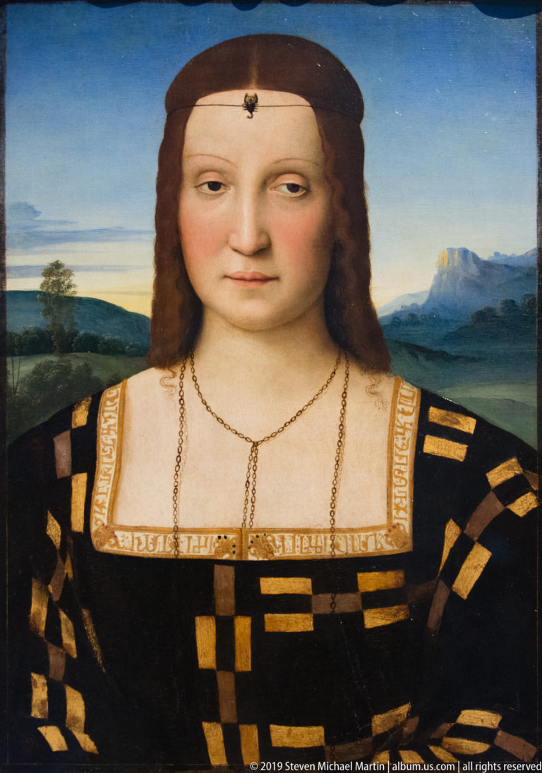 Bust-length portrait of a young woman in a black-and-gold patterned dress before a distant landscape.
