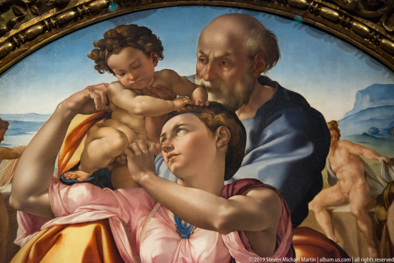 Detail of Michelangelo’s Doni Tondo showing the tightly interlocked heads and arms of Mary, Joseph, and the Christ Child.
