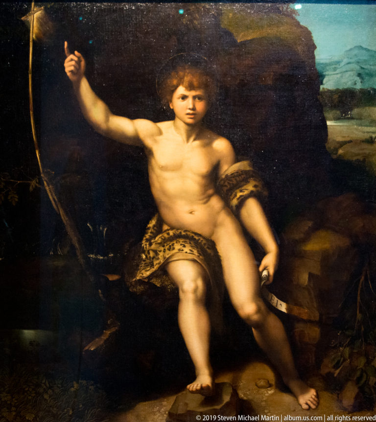 Raphael’s youthful Saint John the Baptist in leopard skin gestures toward a cross while holding a scroll in a rocky wilderness.