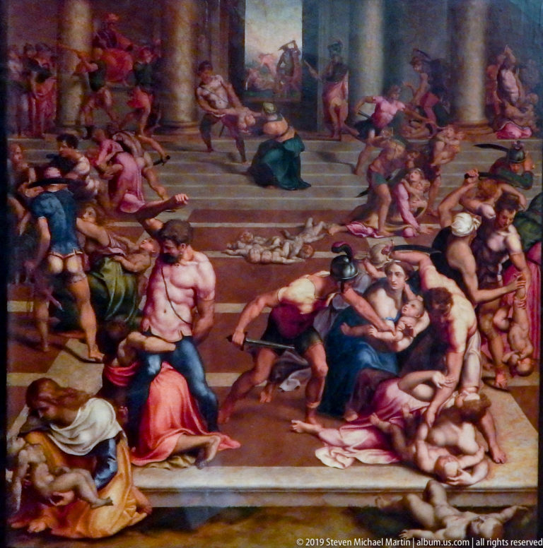 Wide painted scene of soldiers, women, and infants struggling across steps before a columned interior.
