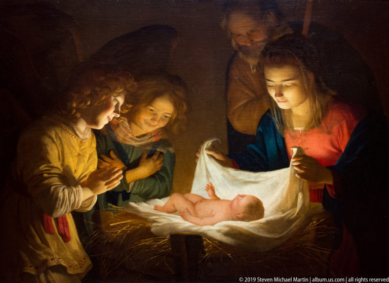 Gerrit van Honthorst’s Adoration of the Child, with Mary, Joseph, and two angels illuminated by the radiant newborn Christ.