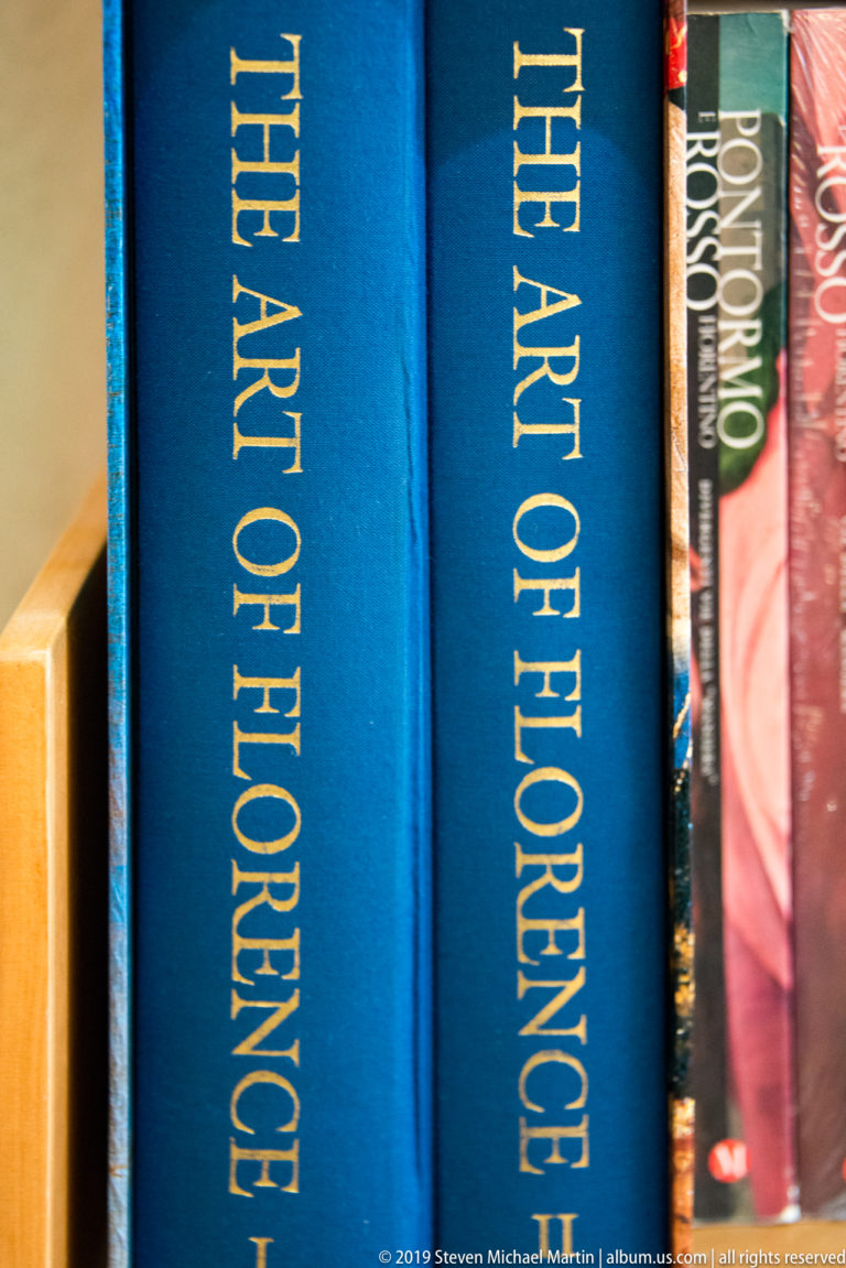 Close view of blue Art of Florence volumes standing beside other books on a shelf.