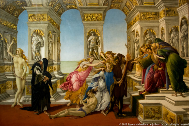 Botticelli’s Calumny of Apelles, with an innocent man dragged before King Midas amid allegorical figures in ornate classical architecture.