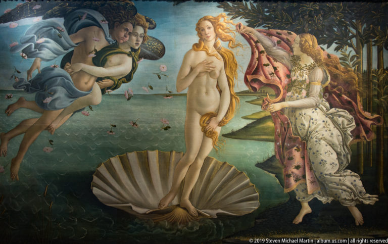 Botticelli’s Venus stands on a scallop shell as wind gods blow her ashore and an attendant offers a flowered mantle.