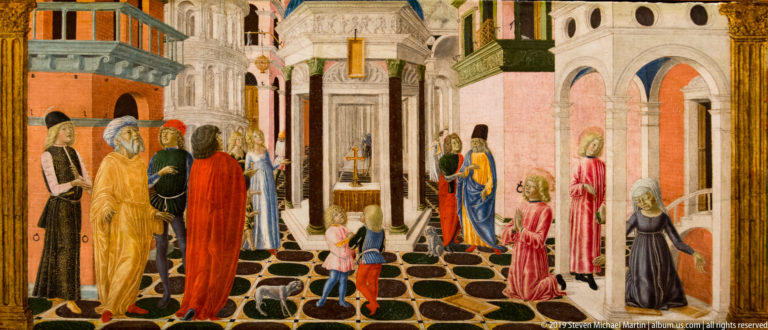 Figures gather around a central altar in a richly colored Renaissance interior with patterned pavement, arcades, and architectural details.