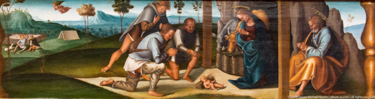 Several men kneel before a haloed seated woman beside architecture, with a small narrative episode in the distant landscape.