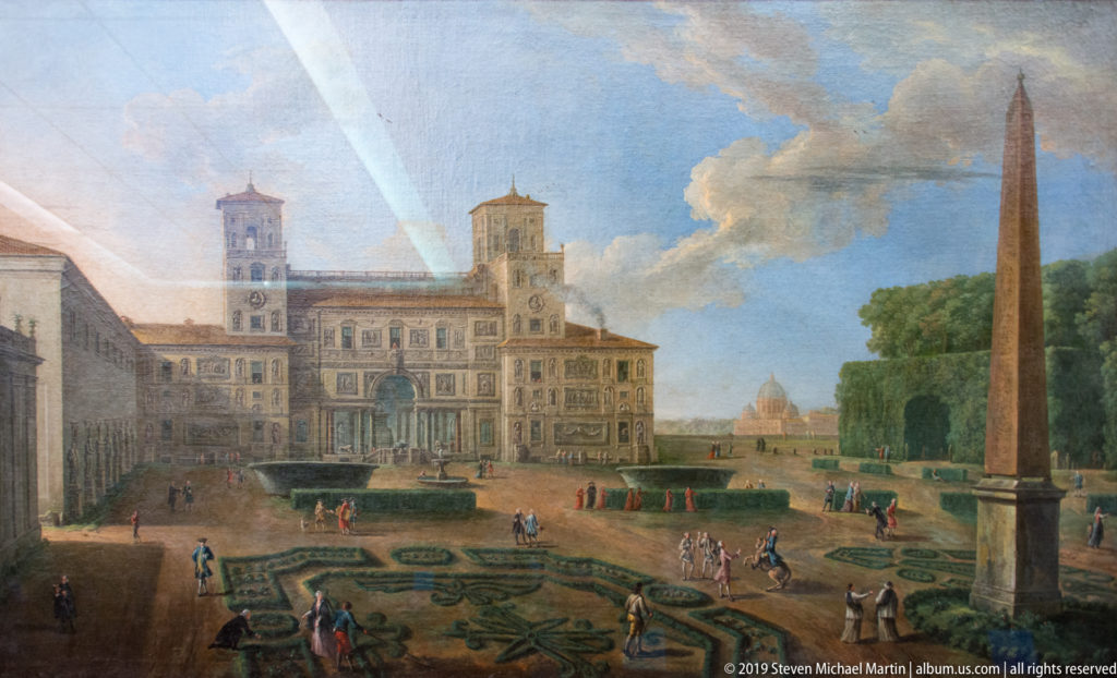 Painted palace courtyard with geometric gardens, many small figures, a tall obelisk, and distant domed architecture.