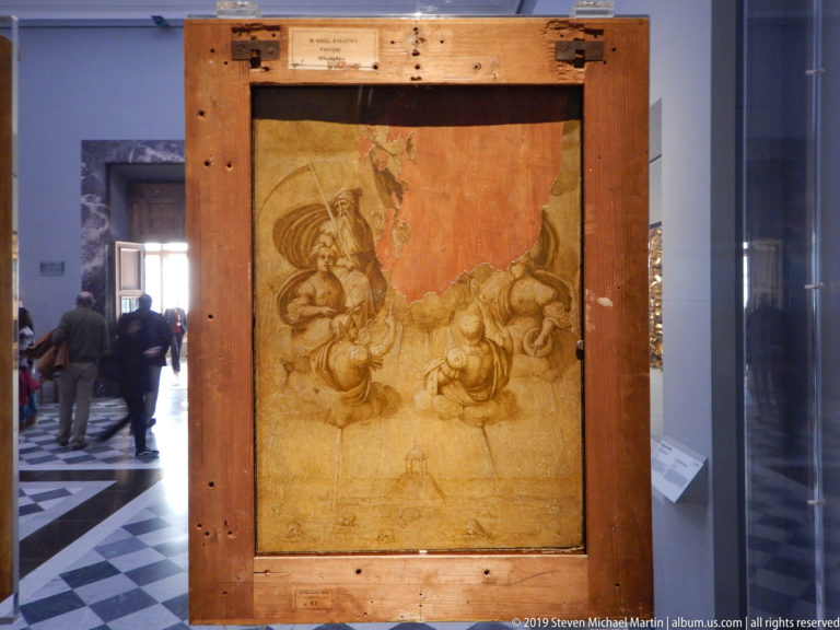 Mounted Renaissance drawing with clustered figures, sweeping drapery, and a red-toned study across the upper portion.