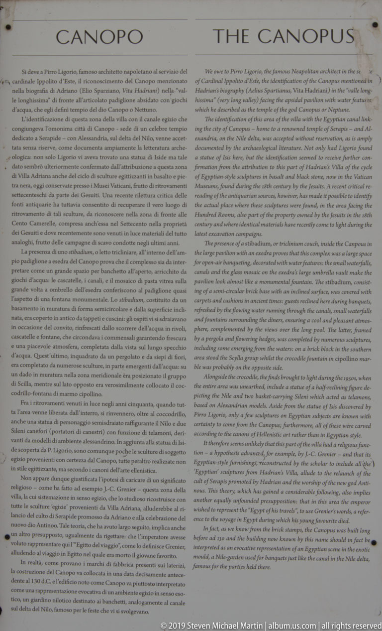 Interpretive sign headed “THE CANOPUS” with several columns of explanatory text at Hadrian’s Villa.