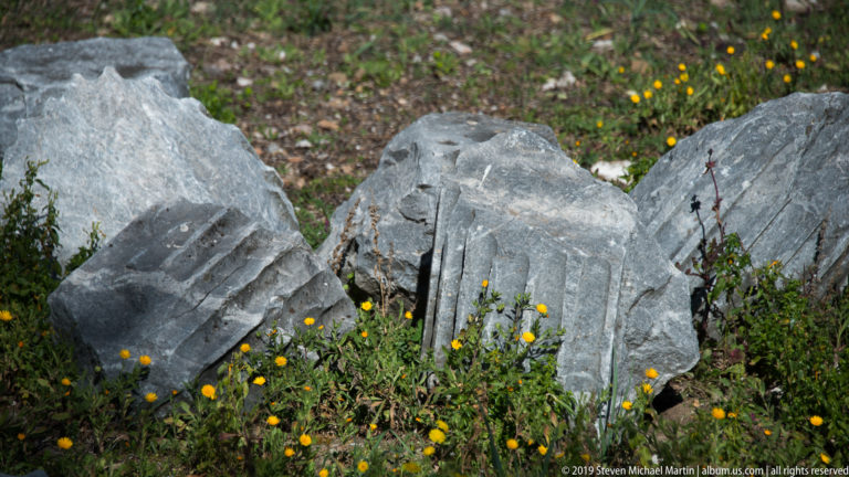 Broken gray marble column fragments with deep fluting lie among grass and small yellow flowers.