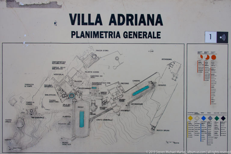 Visitor panel titled “Villa Adriana – Planimetria Generale” with a mapped plan of the archaeological complex.