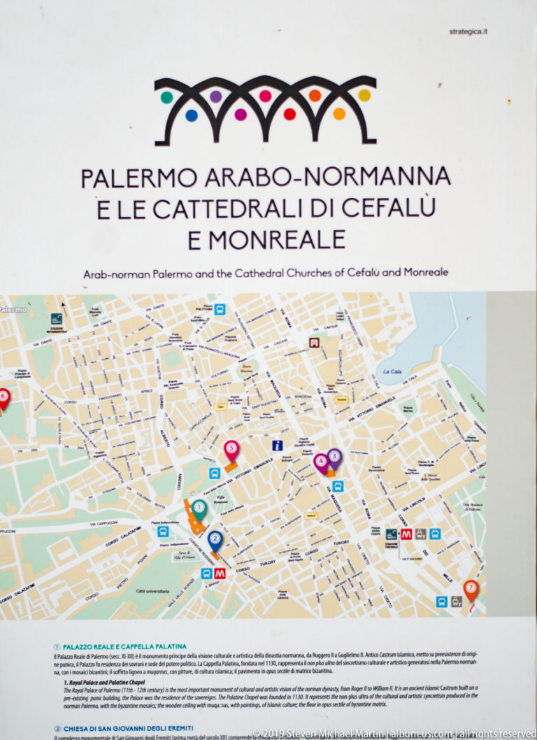 A visitor panel maps Palermo heritage sites beneath the Arab-Norman UNESCO property title.