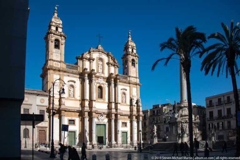 The symmetrical façade of San Domenico has a central entrance between two bell towers.