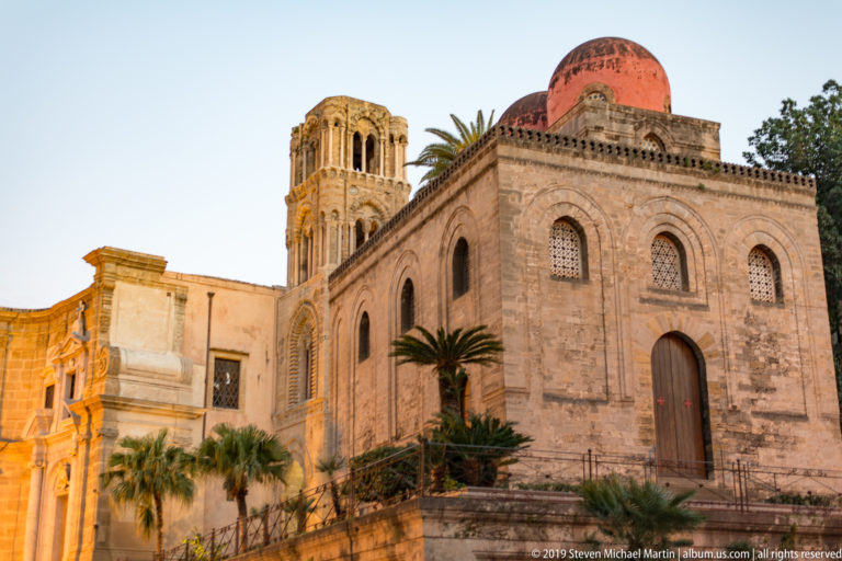San Cataldo’s red dome stands beside the arched bell tower of the Martorana in Palermo.