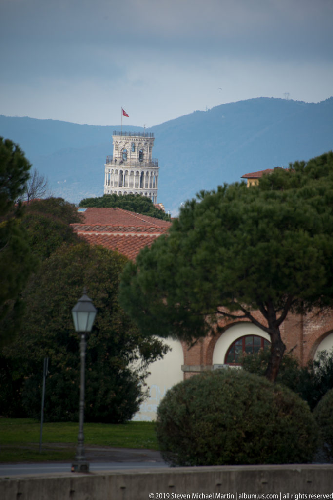 Distant Leaning Tower of Pisa rising above umbrella pines and tiled roofs with mountains behind.