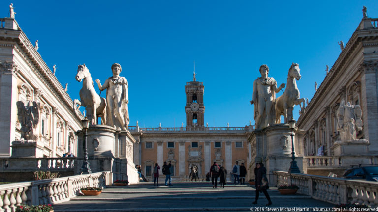 Castor and Pollux with horses flank the approach to Piazza del Campidoglio, with Palazzo Senatorio beyond.
