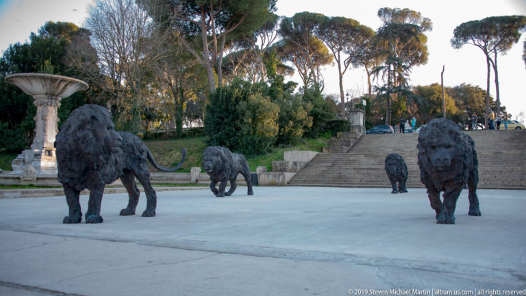 Several dark buffalo sculptures spaced across a paved plaza with a fountain, steps, and umbrella pines behind.