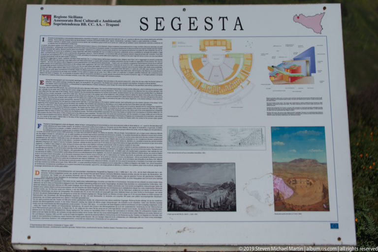 Large SEGESTA information panel with text, theater diagrams, historical images, and a small Sicily map.