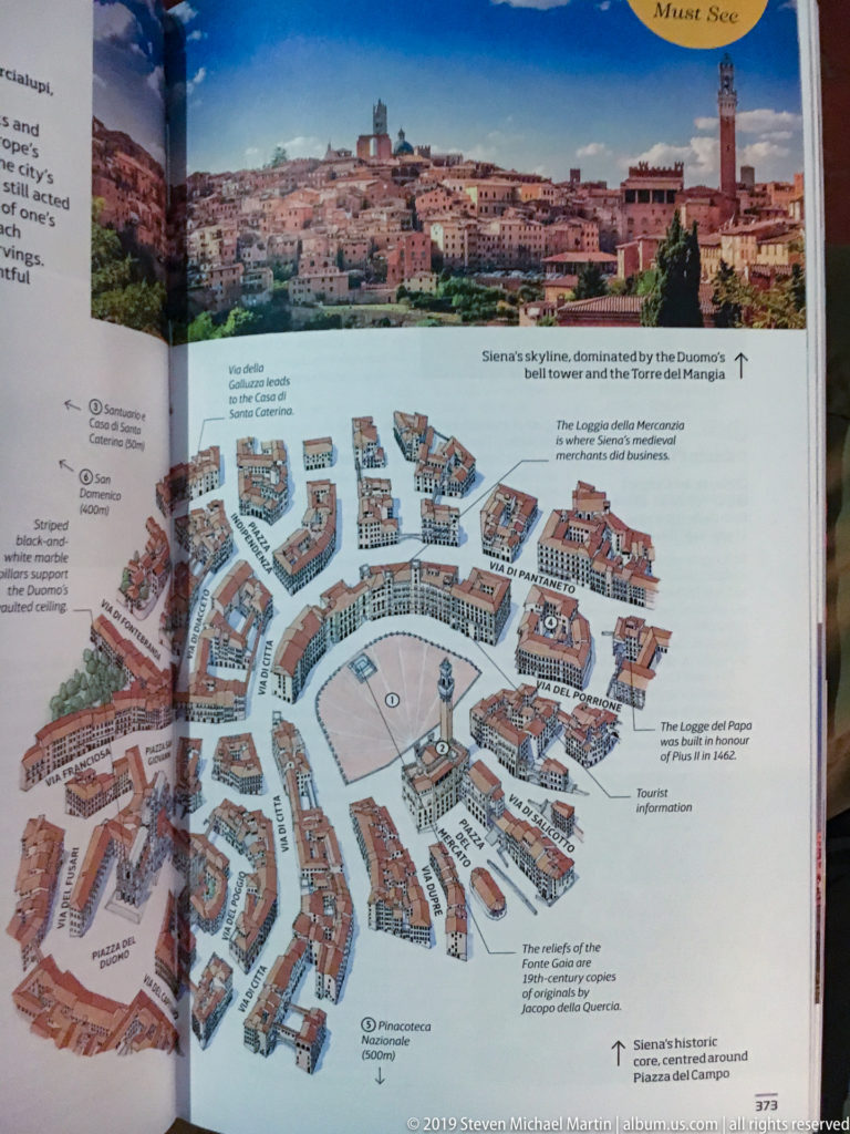 Printed visitor guide showing Siena’s skyline above an illustrated bird’s-eye map centered on Piazza del Campo.