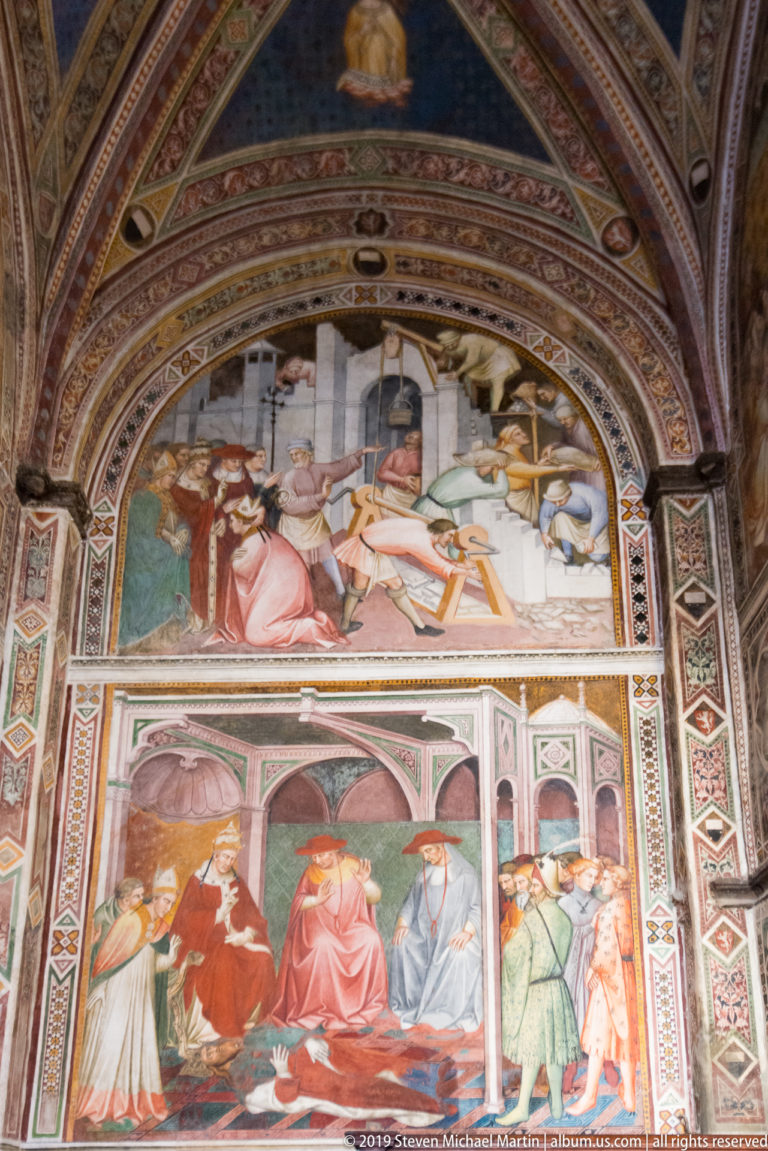 Two-register fresco with a damaged upper narrative scene and lower groups of richly dressed figures framed by painted arcades.